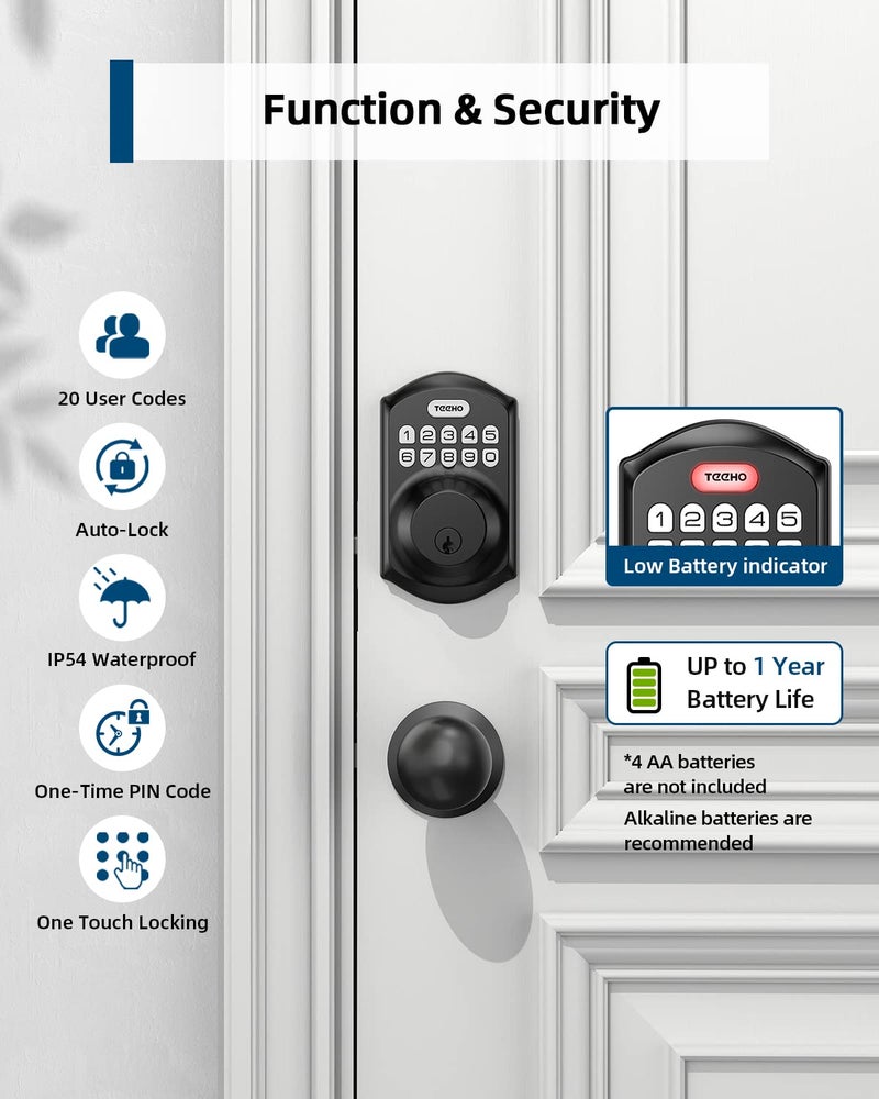 TEEHO TE001K Keyless Entry Door Lock with Handle  Electronic Keypad Deadbolt with 2 Knobs  High-Security Front Door Handle Set for Home & Rental  Smart Auto-Locking  Easy Install  Matte Black - Image 5